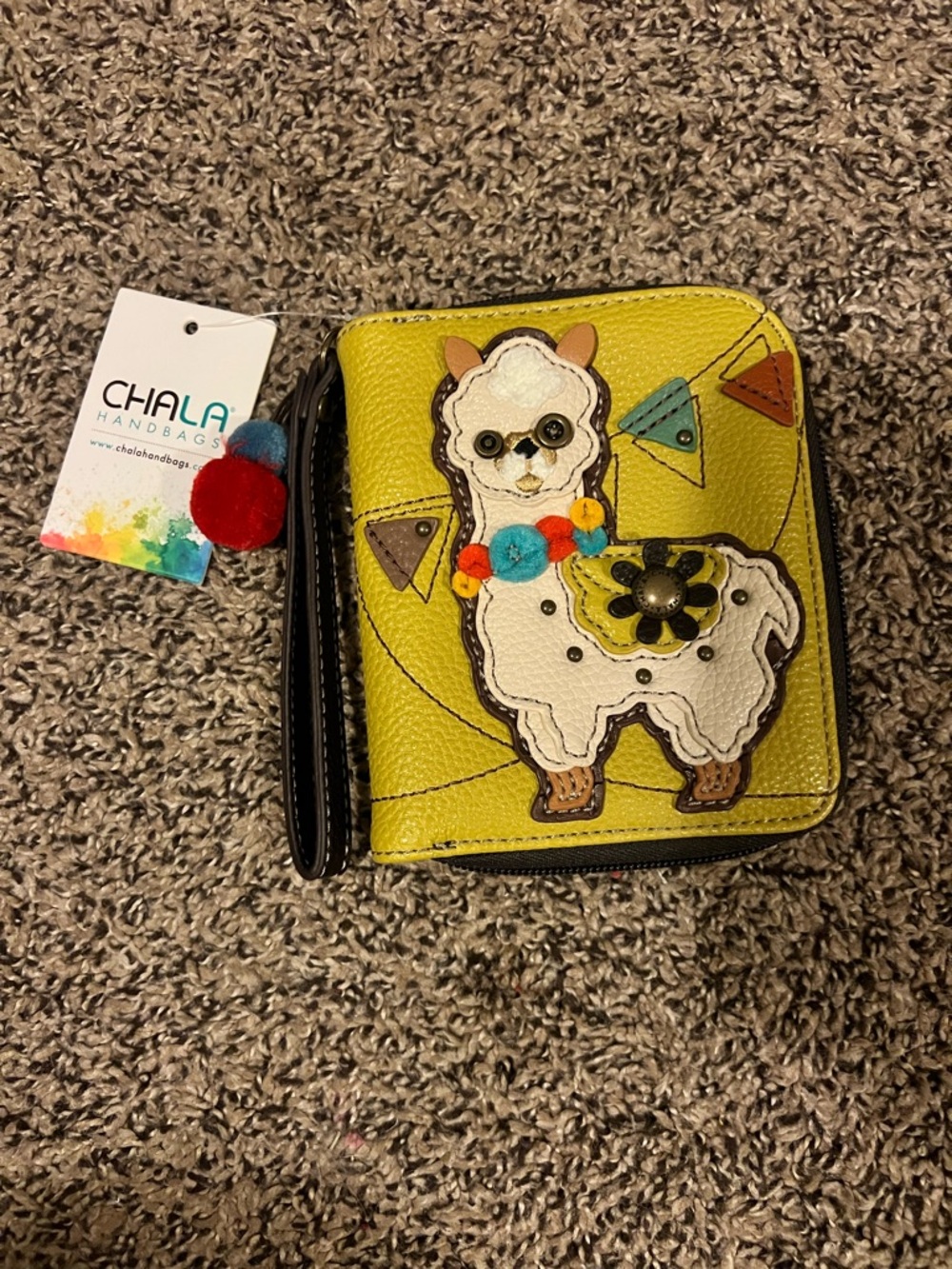 Chala Yellow Llama Zip Wallet with Pom Wristlet